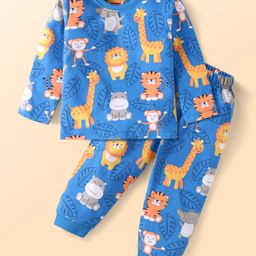Babyhug Cotton Knit Full Sleeves Night Suit Set with Animal Print - Blue-image-56