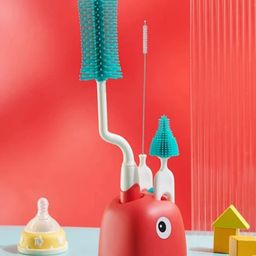 TONY STARK Non-Toxic, 4-in-1 Baby Bottle Cleaning Brushes Set with Stand for Baby Milk Bottle, Nipple, Straw, Silicone Bristle Bottle Cleaner Brush for 360° Movable Cleaning (Cute Dino - Red)-12