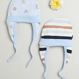 BUMZEE Cotton Pack Of 2 Striped & Sea Life Printed Tying Caps With Ear Flaps - Sky Blue & Cream-11