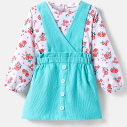 Babyhug Cotton Woven Frock & Full Peasant Sleeves Inner Tee with Floral Print - White & Aqua Blue-image-84