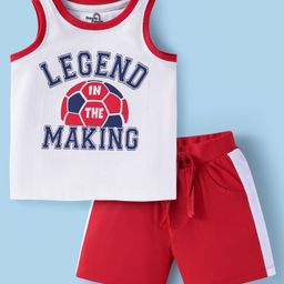 Doodle Poodle 100% Cotton Knit Sleeveless T-Shirt & Shorts Set with Text Print - Red & Light Grey-image-42