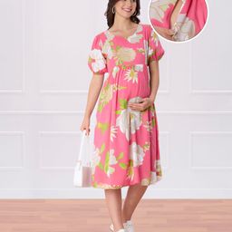 Bella Mama WovenHalf Sleeves Maternity DressWith FlowerPrint -Pink-image-10