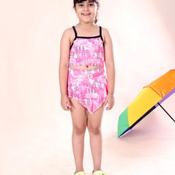 Kiddopanti Sleeveless United Text Printed Coordinating Top & Asymmetrical Skirt Set - Neon Pink-image-51