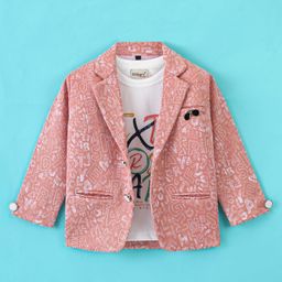 Dapper Dudes Full Sleeves Alphabets Printed Blazer With Tee - Peach-image-97