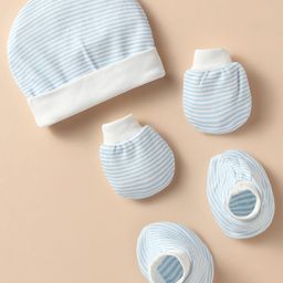 Ben Benny Interlock Knit Cap Mitten & Booties Set with Stripe Print Light Blue & White - Diameter 10 cm-11