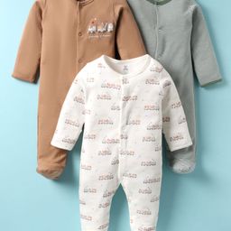I Bears Interlock Knit Full Sleeves Sleep Suit With Vehicle Print Pack Of 3 - White Brown & Grey-image-18