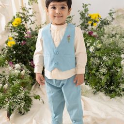 Tiber Taber 100% Cotton Woven Full Sleeves Floral & Leaves Embroidered 3 Piece Party Suit Set - Blue-picture-45