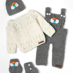 The Original Knit Knit Rainbow Designed Dungaree With Full Sleeves Sweater Cap & Socks Set - Off White & Grey-picture-21
