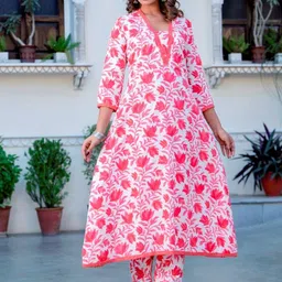 KALINI Women Floral Printed Pleated Pure Cotton Kurta with Trousers & With Dupatta-image-71