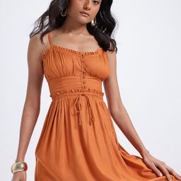 glitchez Shoulder Straps Smocked Gathered and Pleated Empire Midi Dress-image-61