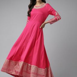 W Women Magenta & Golden Ethnic Motifs Print Embroidery Work A-Line Maxi Dress-image-40