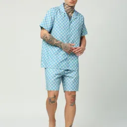 Blamblack Sky Blue Relaxed Fit Printed Shirt & Shorts Set-image-26
