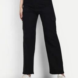Broadstar Black Denim Relaxed Fit High Rise Cargo Jeans-image-63