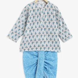 Campana Kids Grey & Blue Floral Print Full Sleeves Kurta with Dhoti-image-42