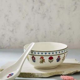 Fabindia Home Ramya Red & White Ceramic Soup Bowl With Spoon (350ml) - Set of 2-image-23