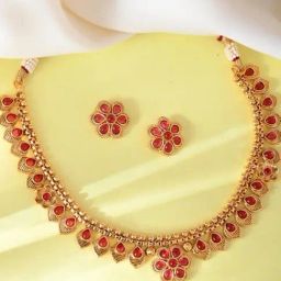 VOJ Gold Plated Flower Shaped Ruby Stone Studded Jewellery Set-2