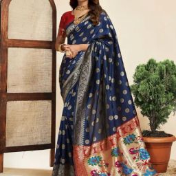 Satrani Navy Blue & Red Woven Saree With Unstitched Blouse-image-76