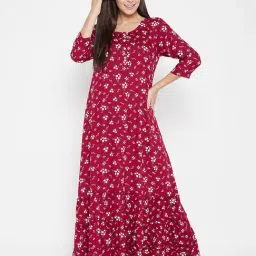 Clovia Maroon Floral Print Nighty-image-62