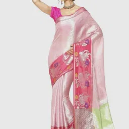 Banarasi Silk Works Pink & Green Woven Saree With Unstitched Blouse-image-79