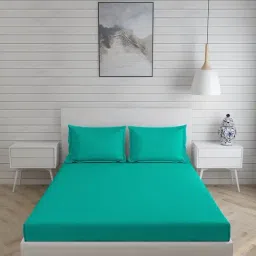 Layers Be Bold Solid Aqua 144 TC Cotton King Bed Sheet with 2 Pillow Covers-2