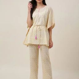 Fabindia Yellow Cotton Printed Kaftan Pyjama Set-image-92