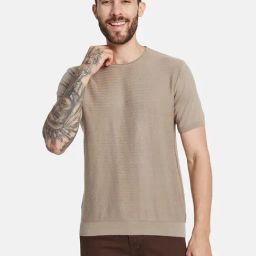 Mettle Brown Cotton Regular Fit Texture T-Shirt-image-0