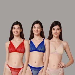 AROUSY Red & Blue Self Pattern Bra Panty Set - Pack Of 3-image-97