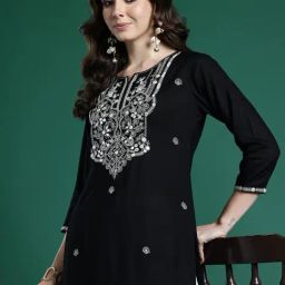Indo Era Black Regular Fit Embroidered Kurta-image-7