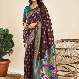 Satrani Brown & Teal Green Woven Saree With Unstitched Blouse-image-14