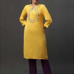 Aurelia Yellow Embroidered Straight Kurta-image-49