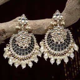 Zeneme Gold Plated Kundan Studded Classic Chand Bali Earrings-47