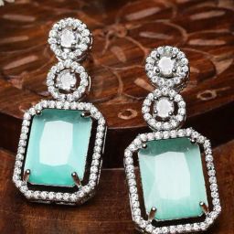 Zeneme Rhodium Plated AD Studded Geometric Shape Drop Earrings-14