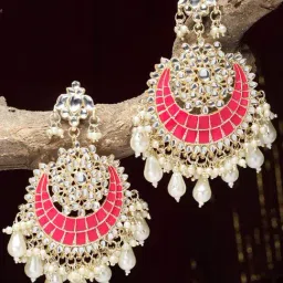 Zeneme Gold Plated Kundan Studded Classic Chand Bali Earrings-image-76