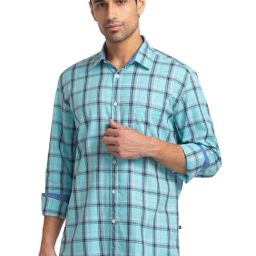 Parx Blue Cotton Slim Fit Checks Shirt-image-56