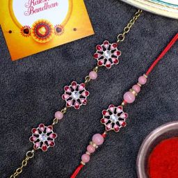 Karatcart Gold-Plated Red Two Tone Kundan Handmade Rakhi, Roli & Chawal for Bhai & Bhabi - Set of 2-4