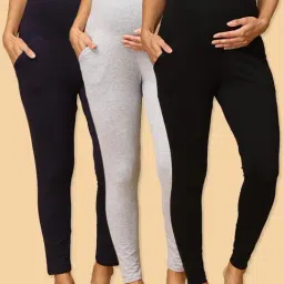 The Mom Store Black & Navy & Grey Cotton Plain Maternity Leggings (Pack of 3)-image-43