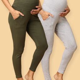 The Mom Store Grey & Olive Cotton Plain Maternity Leggings (Pack of 2)-picture-18