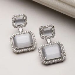 Zeneme Rhodium Plated Grey AD Studded Square Shaped Drop Earrings-35