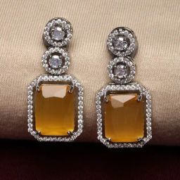 Zeneme Rhodium Plated AD Studded Geometric Shaped Drop Earrings-11