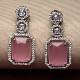 Zeneme Rhodium Plated AD Studded Geometric Shaped Drop Earrings-24