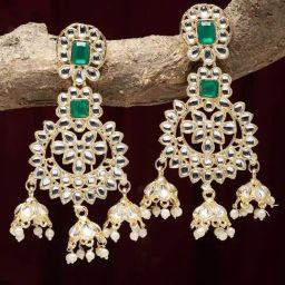 Zeneme Gold Plated Kundan Green Contemporary Cluster Jhumki Earrings-21