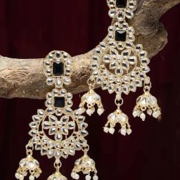 Zeneme Gold Plated Kundan Black Contemporary Cluster Jhumki Earrings-13