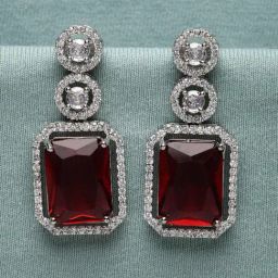 Zeneme Rhodium Plated AD Studded Geometric Shaped Drop Earrings-11