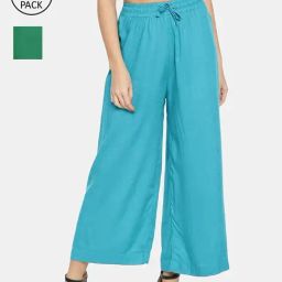 TWIN BIRDS Green & Blue Mid Rise Palazzos - Pack Of 2-image-69