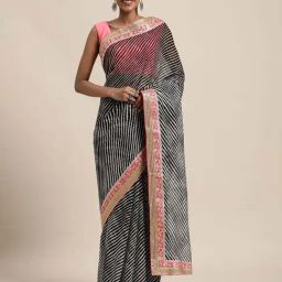 Geroo Jaipur Black & Pink Embroidered Saree With Unstitched Blouse-10