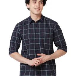Parx Dark Grey Cotton Slim Fit Checks Shirt-image-37