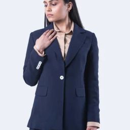Qua Navy Blue Textured Crepe Modern Blazer-image-19