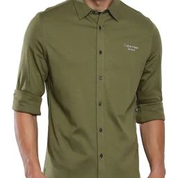 Calvin Klein Burnt Olive Cotton Slim Fit Shirt-image-17