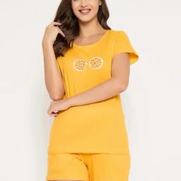 Clovia Yellow Plain Nightwear Pyjama Set-image-72