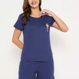 Clovia Blue Plain Nightwear Pyjama Set-35